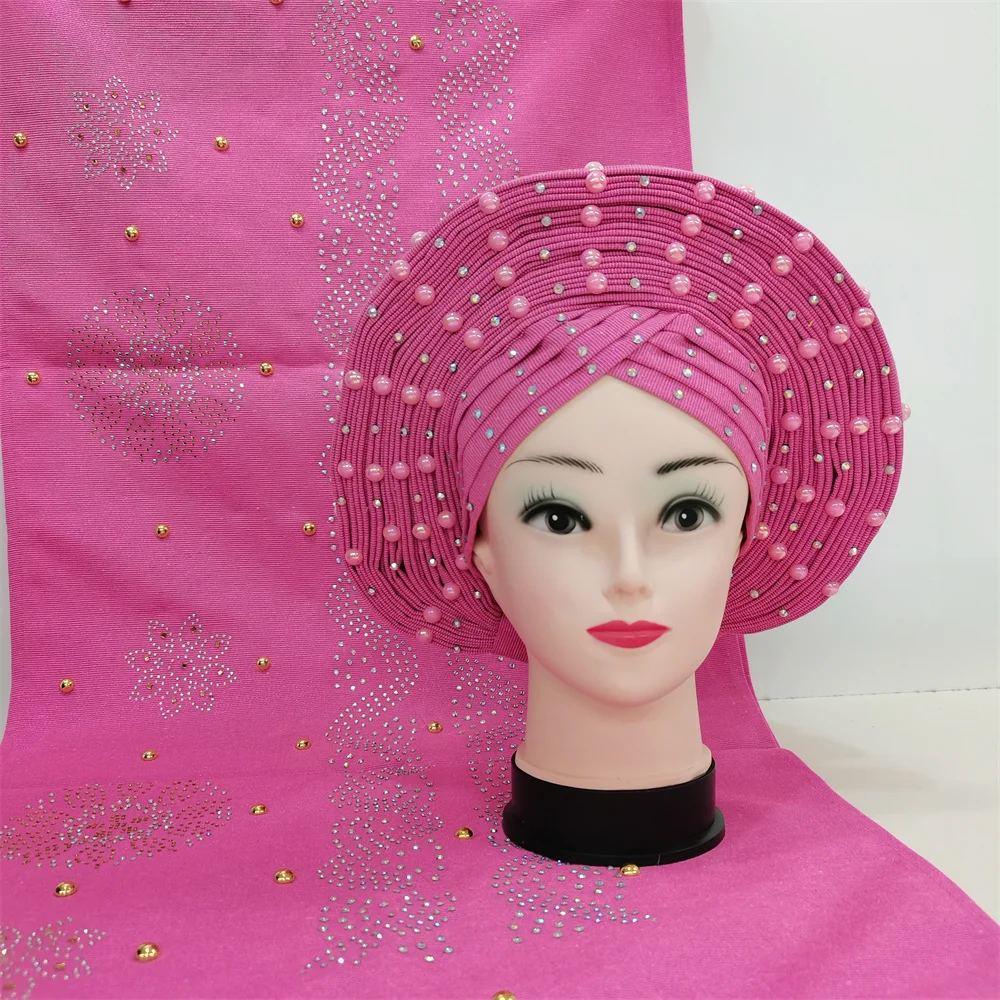 Imagem -02 - Vinho Africano Turbante Gele Headtie com Xale Pérolas Pedras Elegante Aso Oke Gele já Fez Auto Gele Aso Ebi Headtie Peças