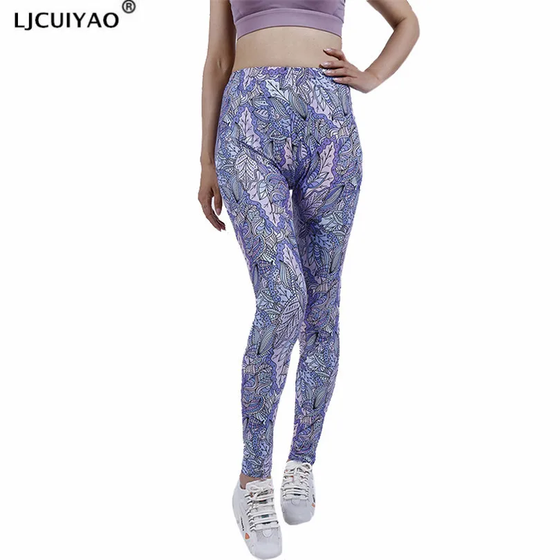 

LJCUIYAO Women Leggings Sport Fitness Push Up Sexy Pants Casual High Waist Workout Purple Pink Leaf Pattern Sport Gym Clothes