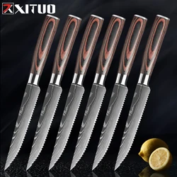 XITUO Steak Knife 4pc/6pc Stainless Steel Imitation Damascus Pattern Restaurant Knife Serrated Beef Chicken Table Tool Natural