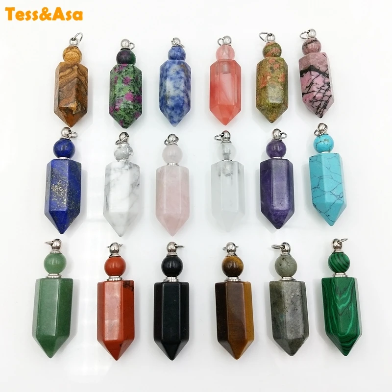 

Natural Gems stone Hexagon prism Bottle Pendant stainless steel Chakra Crystal Quartz diffuser amethysts vial for Necklace