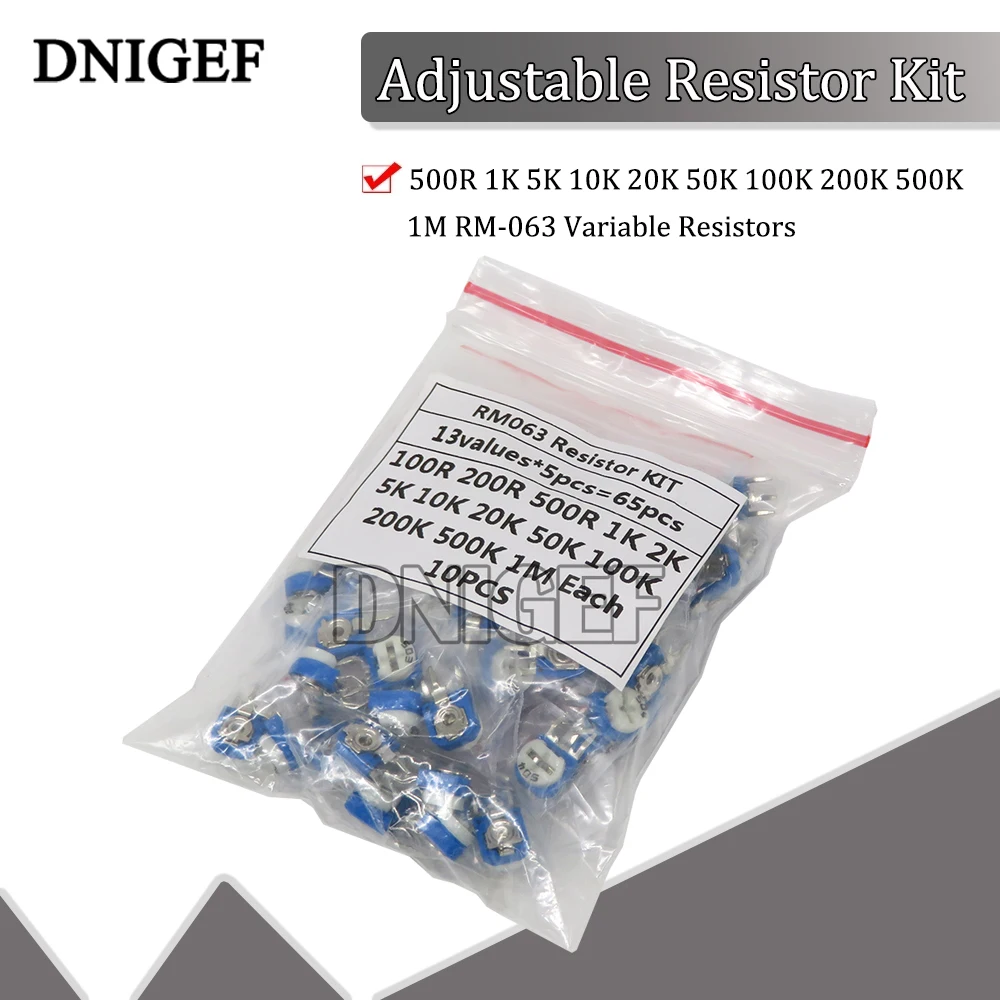 65PCS RM063 Trimmer Potentiometer Adjustable Resistor Kit 500R 1K 5K 10K 20K 50K 100K 200K 500K 1M RM-063 Variable Resistors