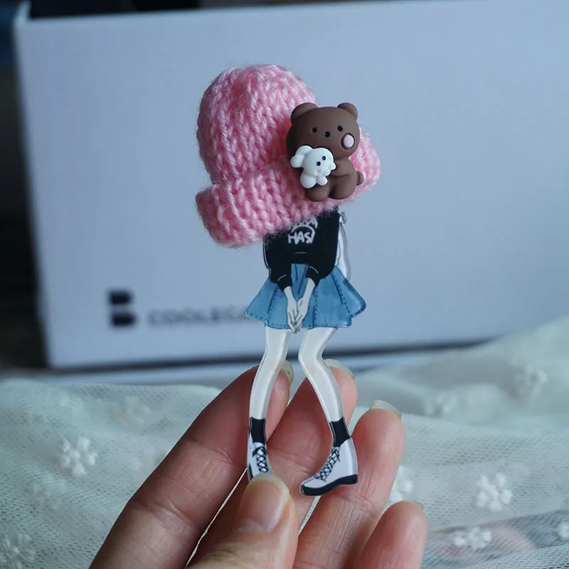 Cute Brooch For Woman Girl Wool Hat Acrylic Brooch Pin Badges Icons on Backpack Friends Gifts