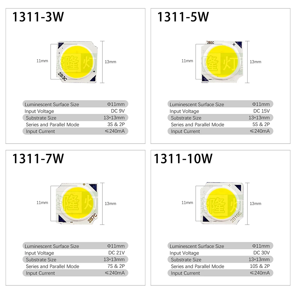 10ピース/ロット1311 cob ledチップ3ワット5ワット7ワット10ワットランプビーズホワイトスポットライト商業ダウンライトレールスポットライトcob光源