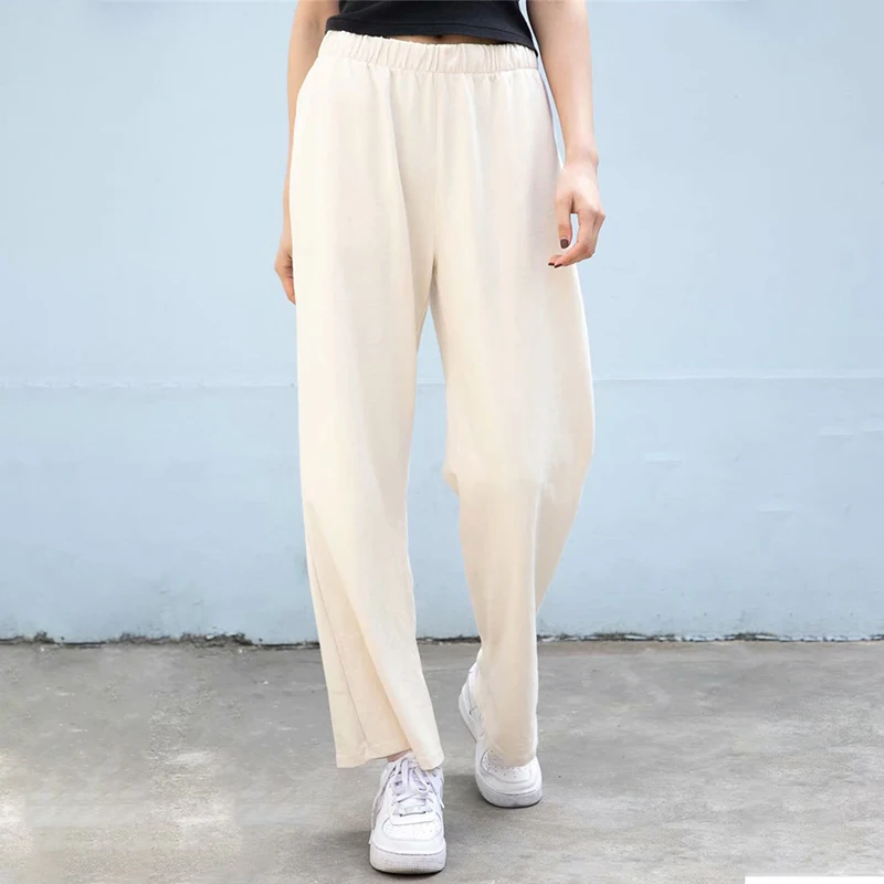 

Vintage Solid Wide Leg Pants 2021 Spring Autumn High Waist Cotton Soft Loose Straight Trousers Femme Simple Casual Pants Chic