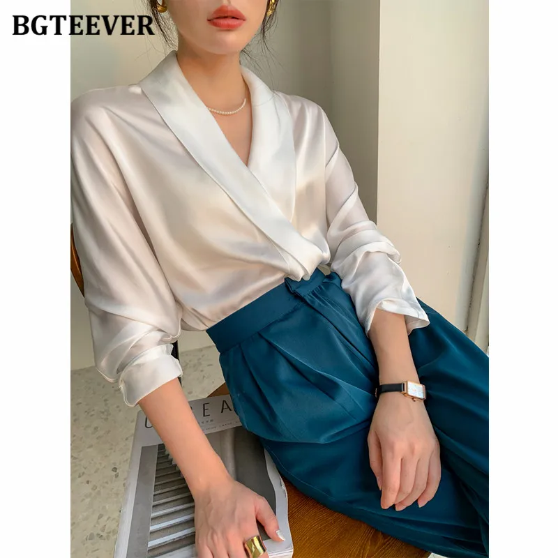 BGTEEVER Elegant V-neck Satin Women Blouses 2021 Autumn Ladies Blusas Full Sleeve Loose Office Wear Female Shirts Tops