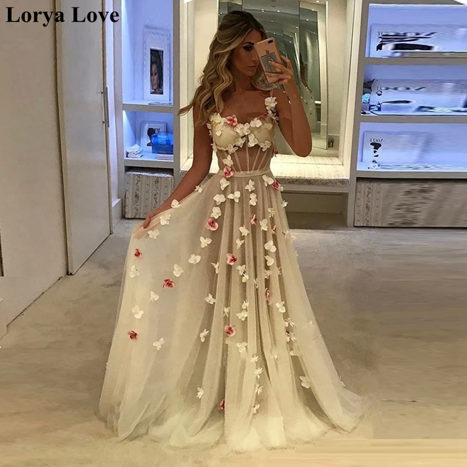 Ivory Prom Dresses 2020 Women Party Night Long Vestidos De Gala Elegant Evening Gowns Spaghetti Straps Flowers Robe De Soiree