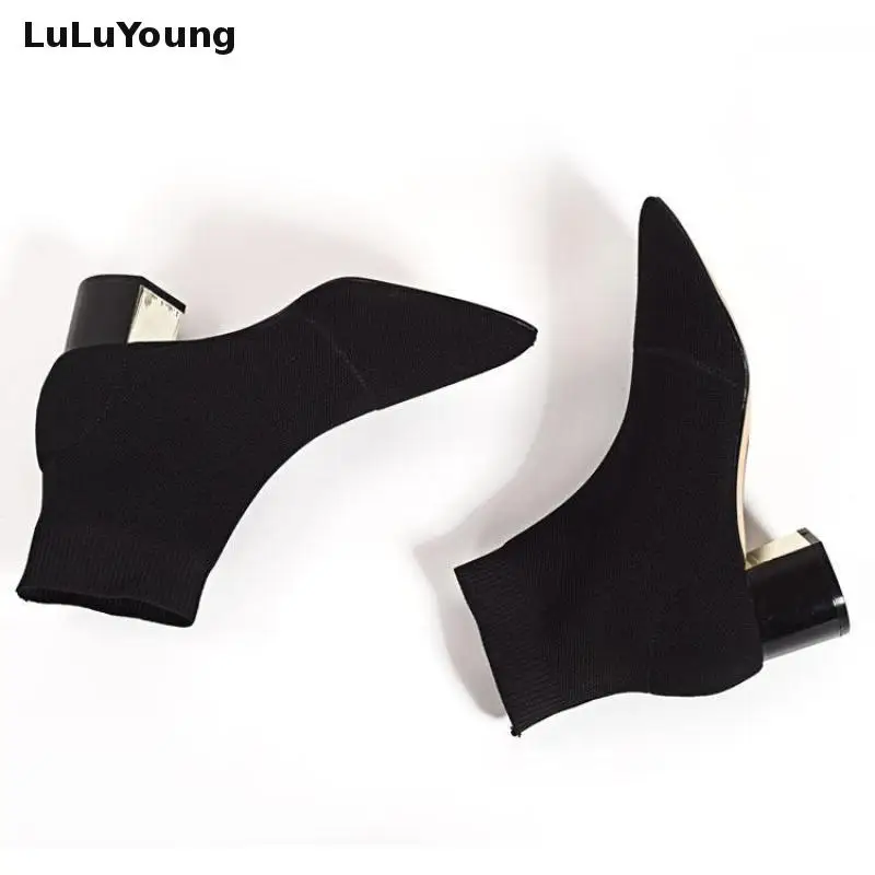 Knitted Elastic Socks Boots Medium Heeled Short Boots Women Point Toe Ankle Boots