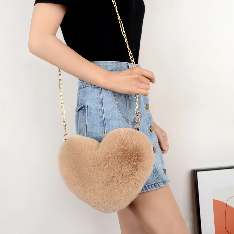 

Fashion Heart Faux Rex Rabbit Fur Handbag Cute Pencil Case With Gold Chain Women Cosmetics Pencilcase School Student Bag