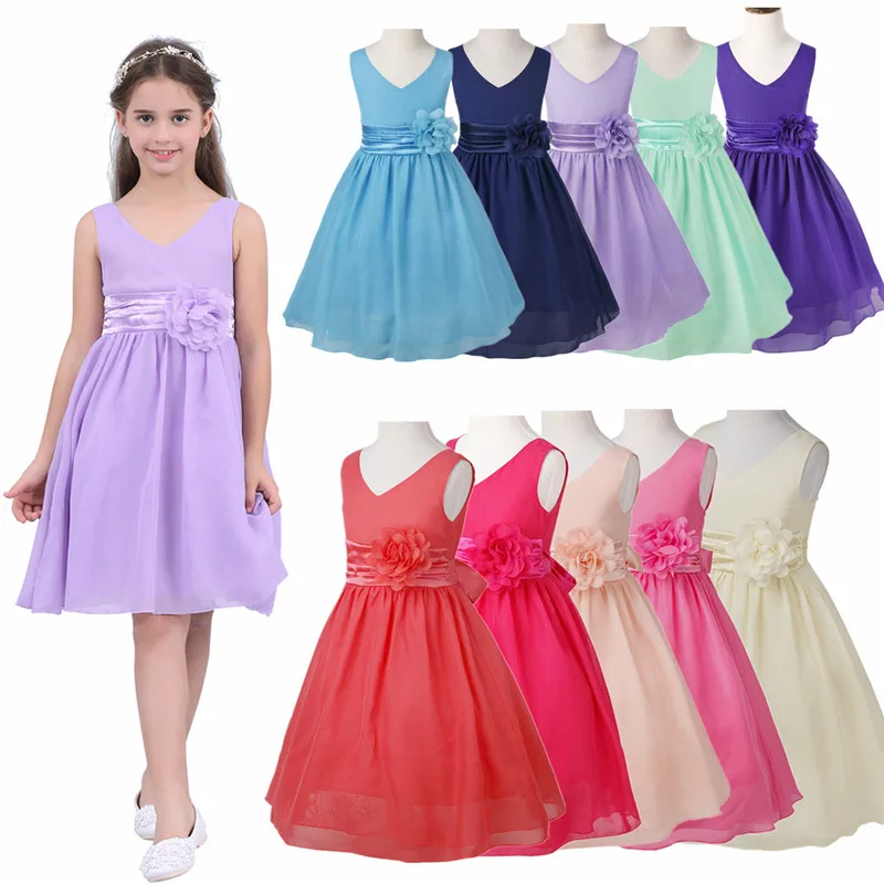 Vestidos de flores de gasa para niños y niñas, vestidos de baile con cuello en V, vestido de fiesta de verano, vestido de boda de primera comunión para niñas