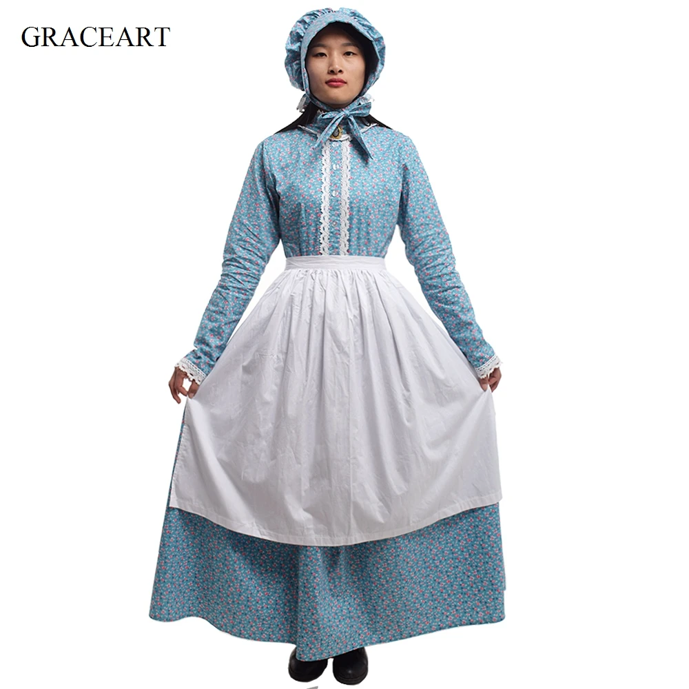 

Womens Girls American Pioneer Costume Dress Historical Modest Prairie Colonial Floral Dresses