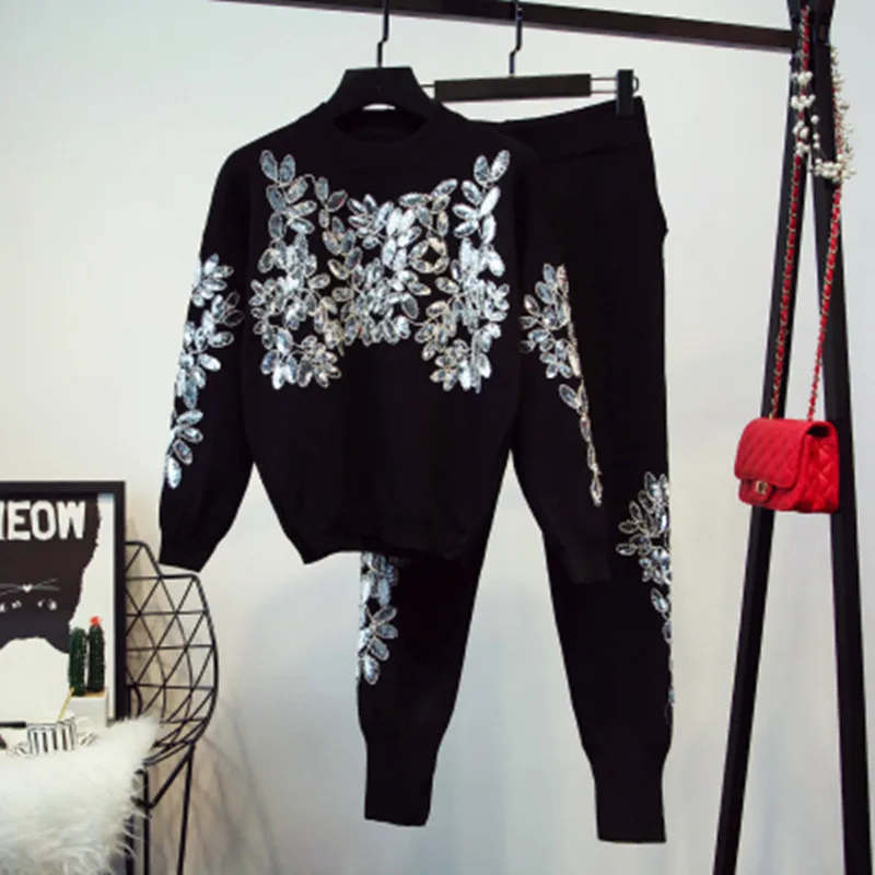 

High Quality New 2023 Autumn winter Runway Suit Set Women's Handmade Sequined Floral Knitting Sweater Tops Casual Pants Suit Set