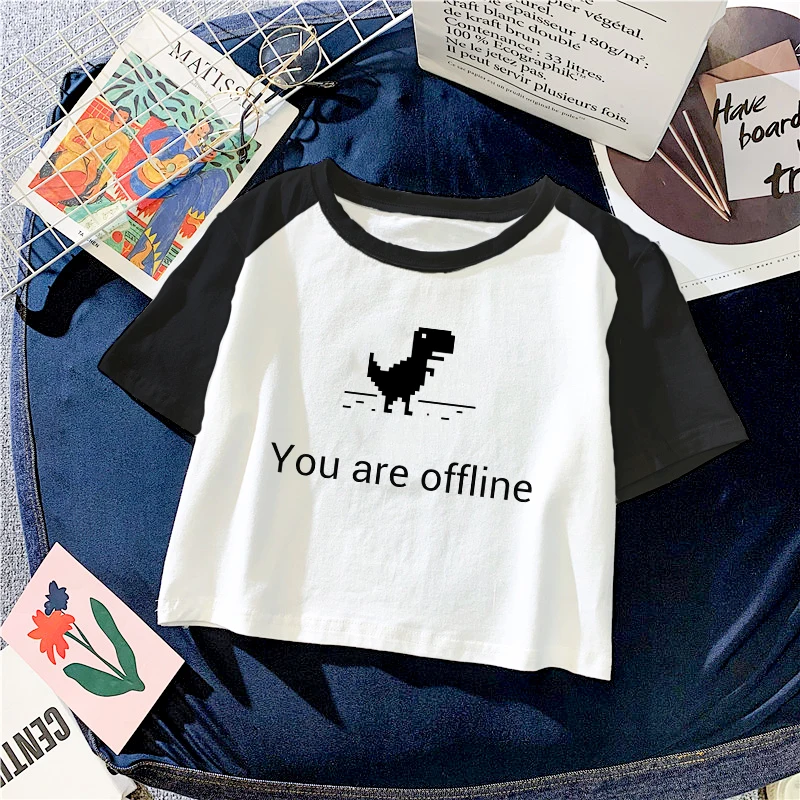 New Fashion Harajuku Sexy Short Sleeve T-Shirts Women Slim Fit Crop Tops Bodycon Tees Kawaii Cartoon Dinosaur Graphic Tshirt