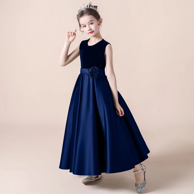 Dideyttawl Satin O-Neck Flower Girl Dresses Corduroy Elegant Long Wedding Princess Dress Bow Formal Kids Birthday Gown