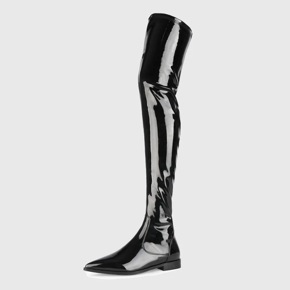 

Sexy Stretch Patent Leather Thigh Boots Women Flat Pointed Toe Over The Knee Knight Boots Fashion Women Slip on Boots Plus size