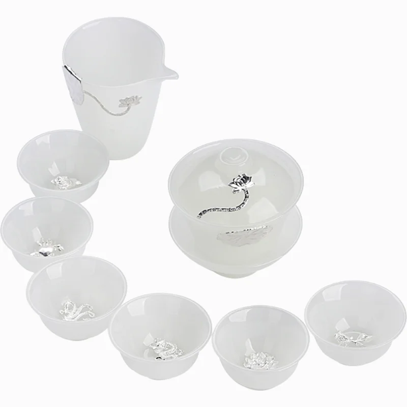 |porcelain cup with silver cover, ceramic thickened heat-resistant tea bowl, complete set of domestic kungfu tea set