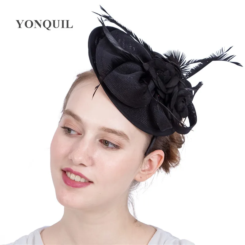 

Black Imitation Sinamay Fascinators Headband Elegant Ladies Millinery Feather Floral Hat Headbands Wedding Hair Accessories