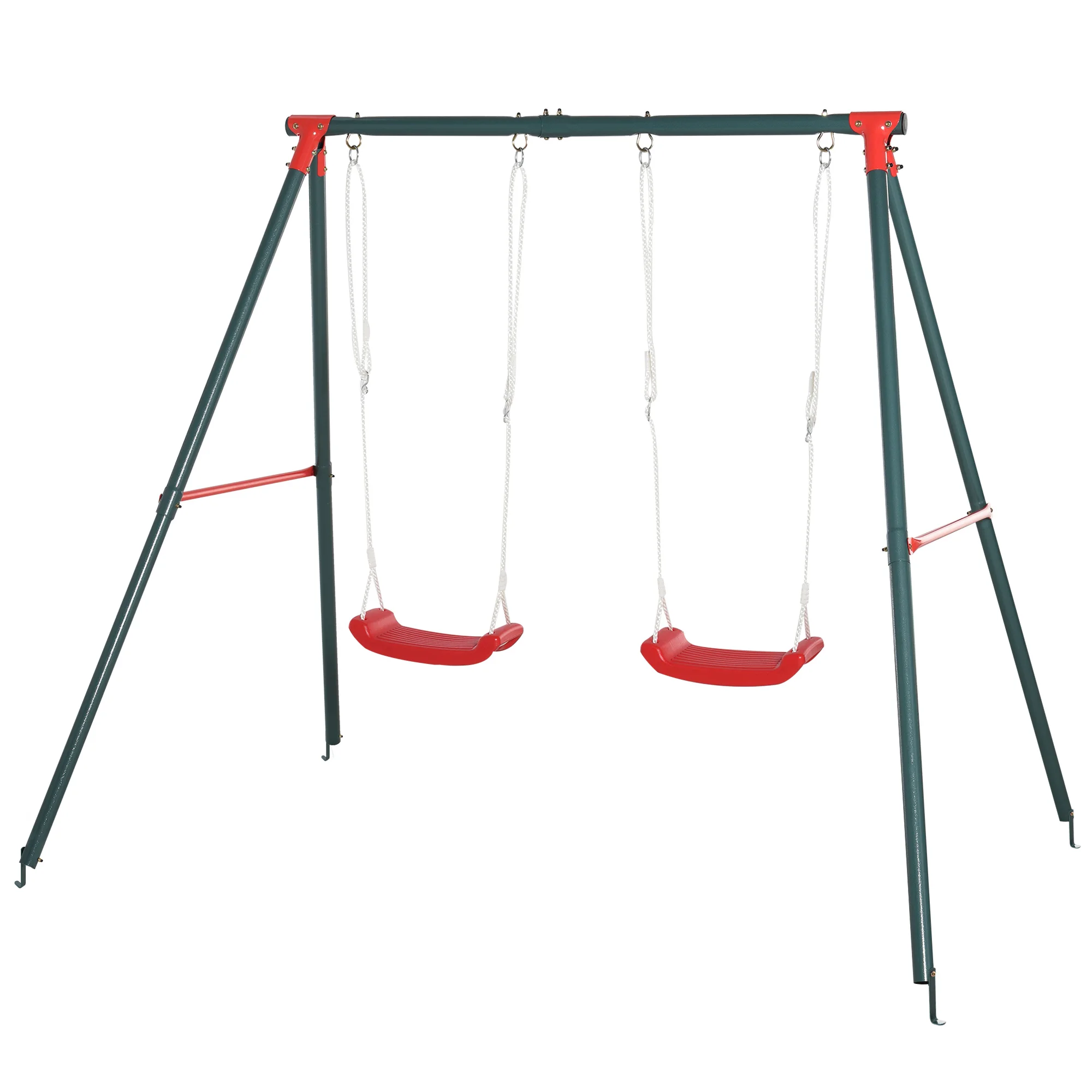 Oustsunny double swing for children + 3 years with Metal bracket with adjustable rope outside 40kg 220x160x180cm green red