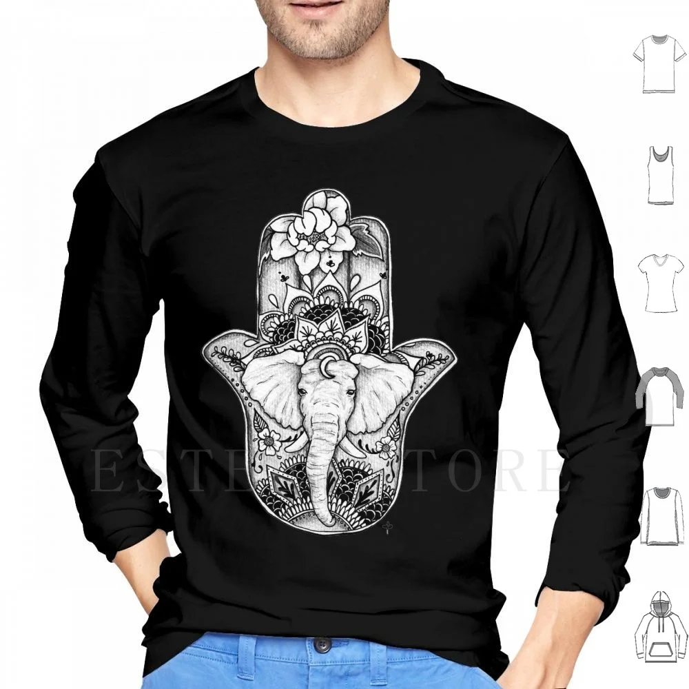 

The Divine Elephant Hoodies Long Sleeve Hamsa Buddha Om Peace Hippie Elephant Black White Greyscale Namaste Pastel