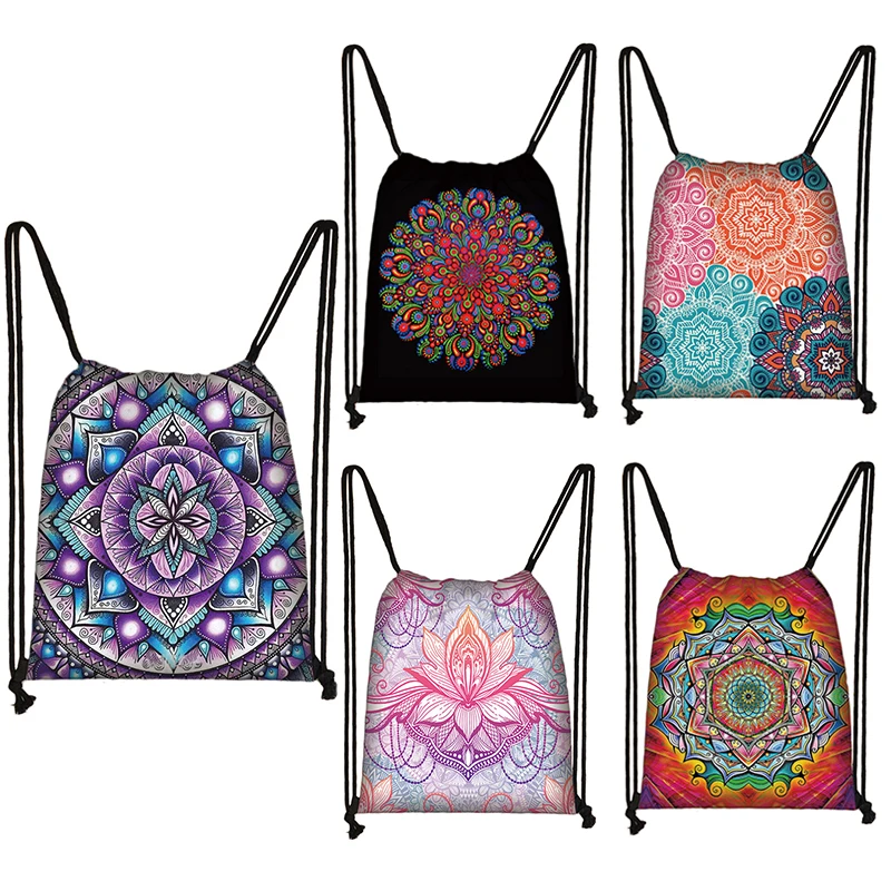 

Mandala / Buddha Lotus Flower Drawstring Bag Woman Travel Storage Bags Boy Girl Backpack Hamsa Fatima Hand Shopping Bag Gift