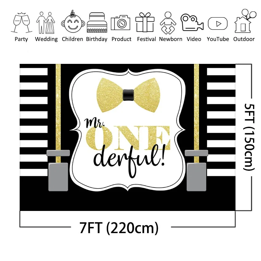 Mr Onederful Backdrop Black and White Stripes Boys 1st Birthday Background Black Gold Glitter Bow Tie Little Man First Birthday