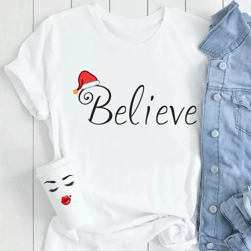 หญิงสุภาพสตรีพิมพ์เสื้อผ้า Tops Tees Tshirt เสื้อยืดผู้หญิงฤดูหนาวต้นไม้คริสต์มาสมีความสุขปีใหม่