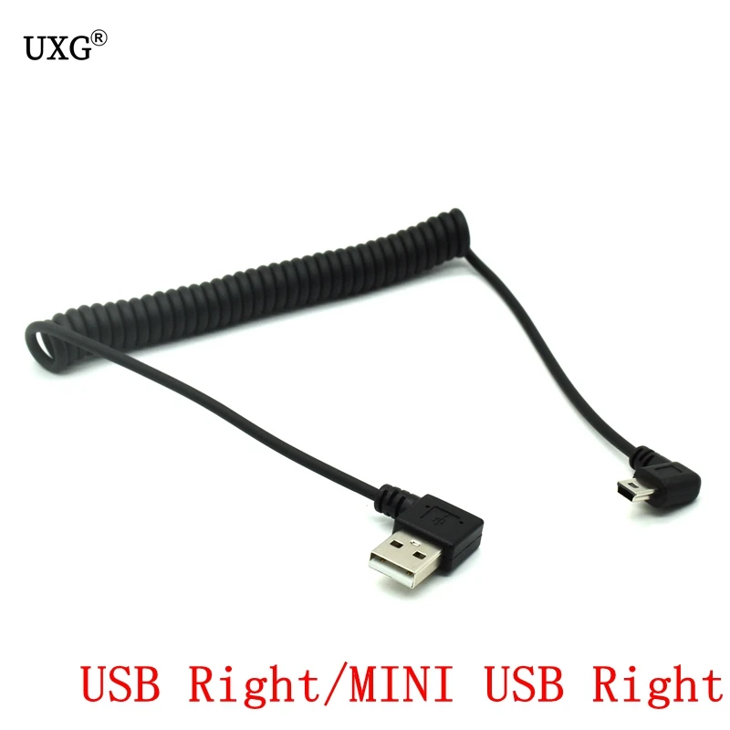 Cable retráctil de sincronización de datos, mini usb macho de 90 grados, ángulo recto a usb macho, resorte de ángulo recto, carga de 1m, nuevo