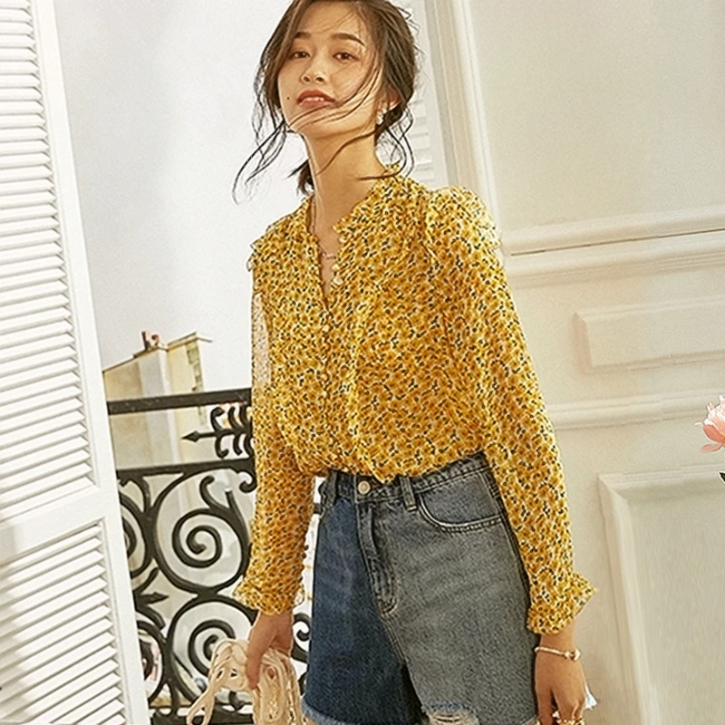 

100% Double layer Silk Blouse Casual Style Floral Printed Ruffled Neck buckle Long Sleeves Office Tops Elegant Style New Fashion