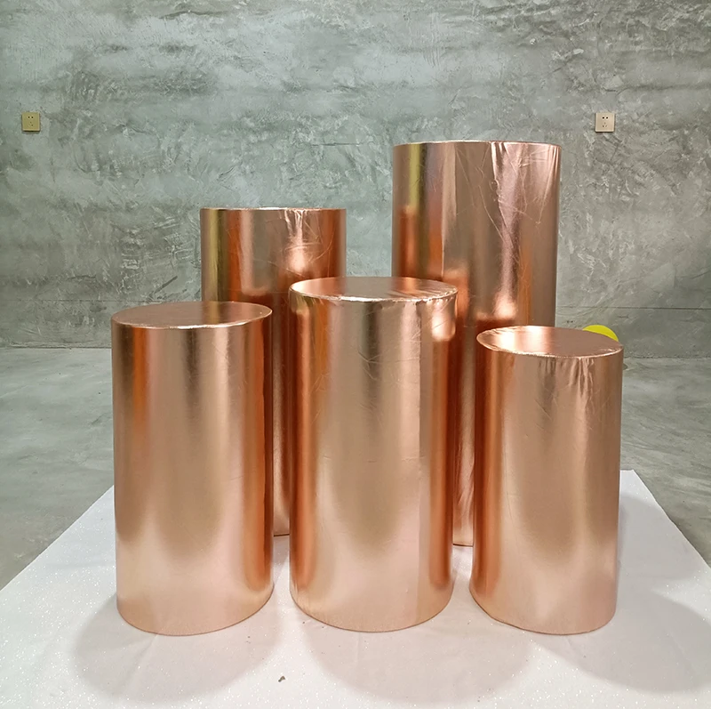 Gold and Silver Pink Red BLue Shiny Metallic Fabric Stretch Cloth Elastic Pedestal Cylinder Table Covers Party Decoration