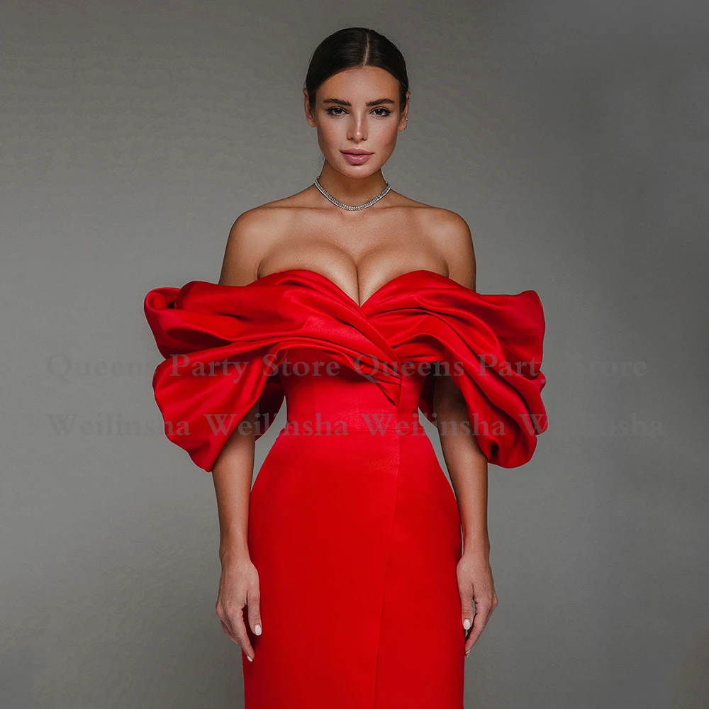 Red Mermaid Prom Dresses Customized Off Shoulder Ruched Pleat Satin Party Gowns Sweep Train Front Slit Arabian Evening Dress