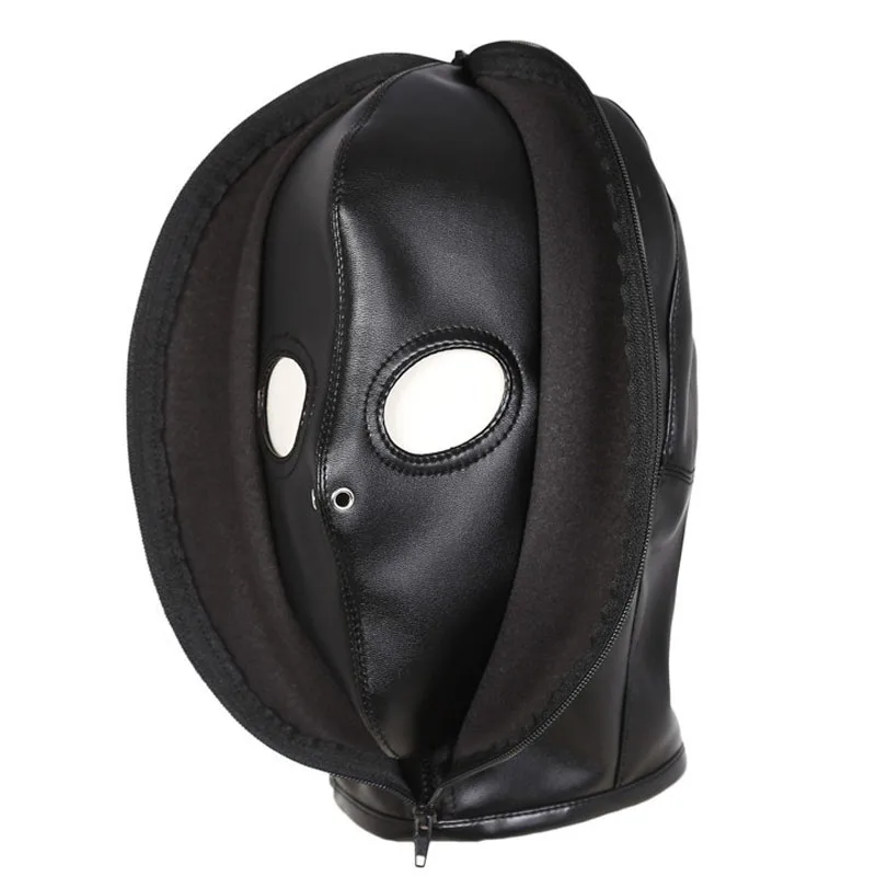 Double layer leather zipper mask bondage hood adult games cosplay slave fetish bdsm restraints erotic tools sex toys for couples