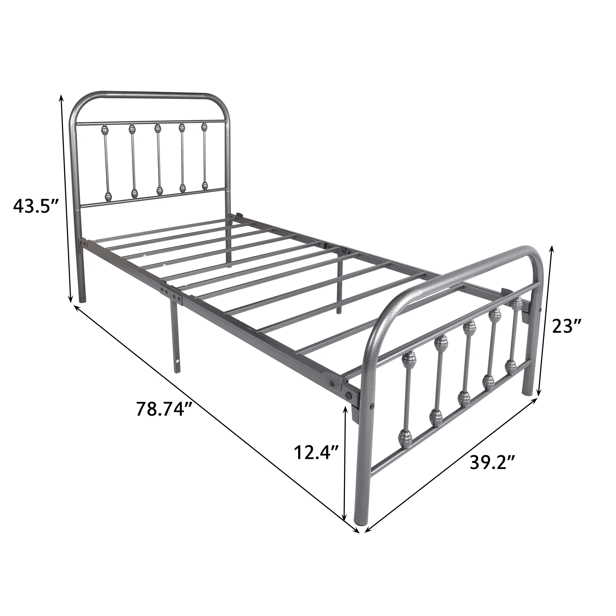 Twin Size Platform Metal Bed Frame Victorian Vintage Style Headboard Footboard Heavy Duty Steel Slabs Black Silver[US-W]