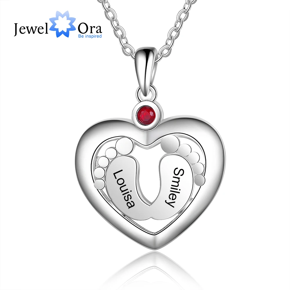 JewelOra Personalized Baby Feet Heart Pendant Necklace Customized Birthstone Engraved Name Charm Jewelry Memory Gift for Women