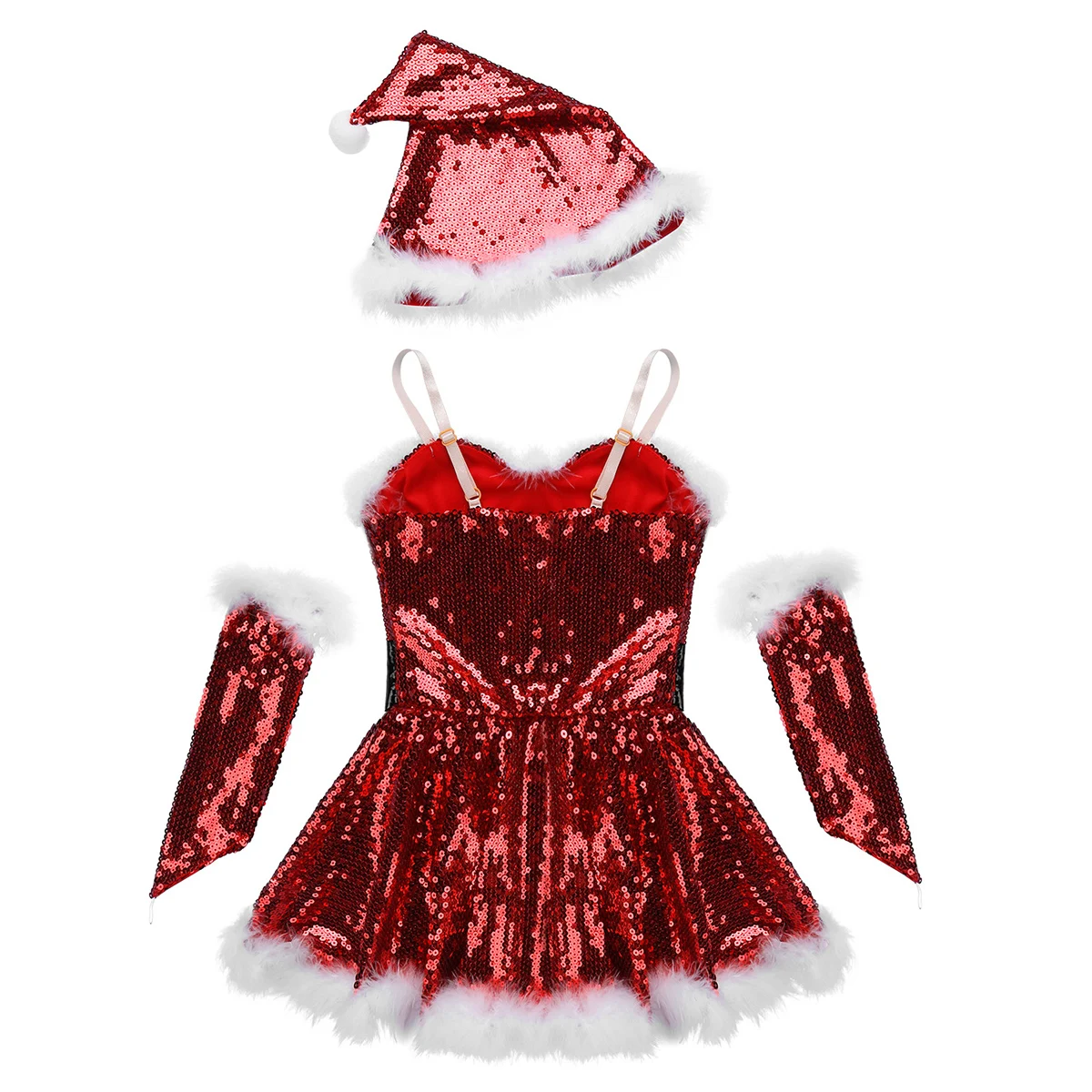 Kids Girls Christmas Dance Costume Outfit Sequins Figure Ice Skating Ballet Dance Leotard Stage Performance Dress with Santa Hat