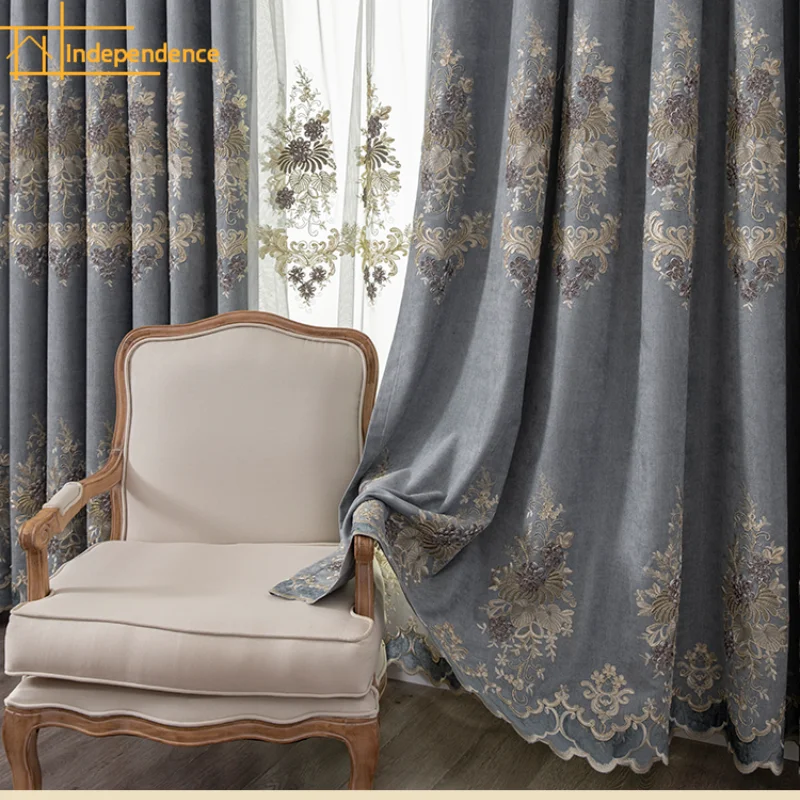 

European High-end Embroidery Luxury Atmospheric Shading Curtain Finished Custom Chenille Curtains for Living Dining Room Bedroom