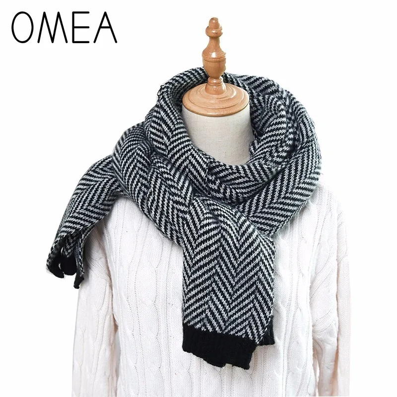 OMEA 2019 Cashmere Scarf Winter Accessories Herringbone Wool Scarf Women Knitted Shawls and Wraps Blanket Scarf Luxury Thickened