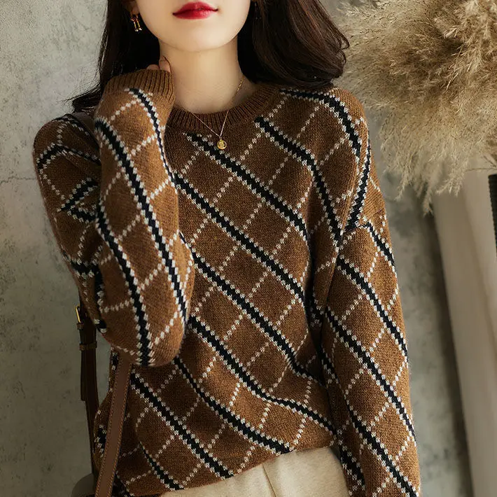 Plaid Sweater Loose Lazy Wind Women Winter 2024 New Interior Shirt Blanker Knit Long Sleeve Top