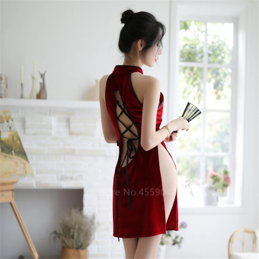 5Colors Woman Sexy Cheongsam Chinese Style Lace Backless Halter Split Dress Vintage Appeal Perspective Pajamas Party Mini Qipao