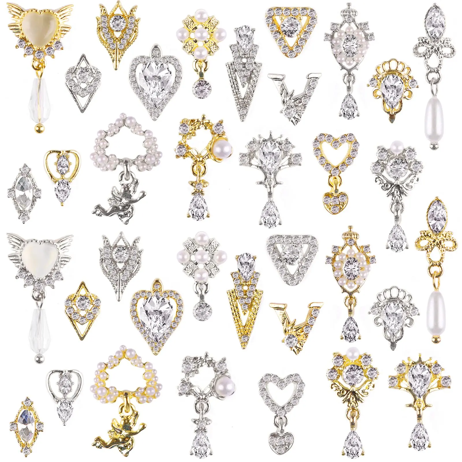 

10pcs Crystal AB Nail Rhinestones Charm Pearls 3D Heart Alloy Nail Art Decoration Fashion Splice Love Manicure Jewelry Ornaments