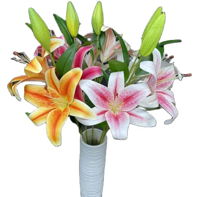 One Artificial Lily Flower Branch Good Quality Real Touch 3/4 Heads Lily Stem for Wedding Centerpieces Floral Decoration