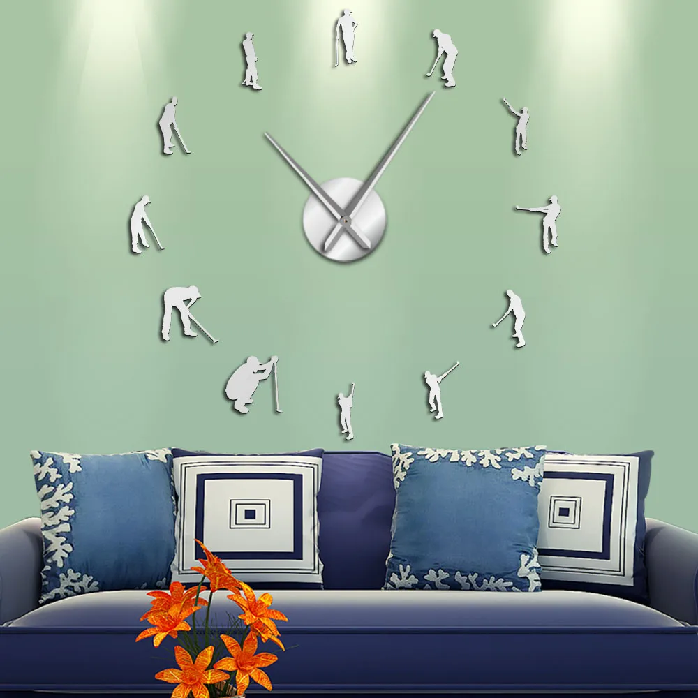 Golfers Large DIY Wall Clock Golf Player Mirror Wall Art Stickers Giant Wall Clock Golf Club Hanging Watch Sports Golfing Decor