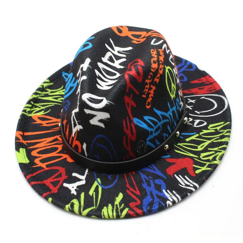 Tie-dye hat fedora hat clown pattern flat brim jazz big brim hip hop fashion stage brim graffiti 3D jazz hat кепка мужская