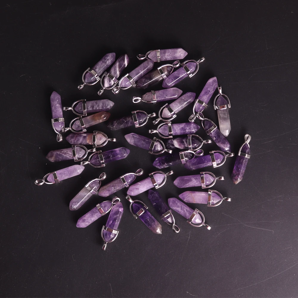 

24pcs natural purple crystal gem stone quartz amethysts bullet hexagonal point pendant Treat necklace charms Jewelry making Free