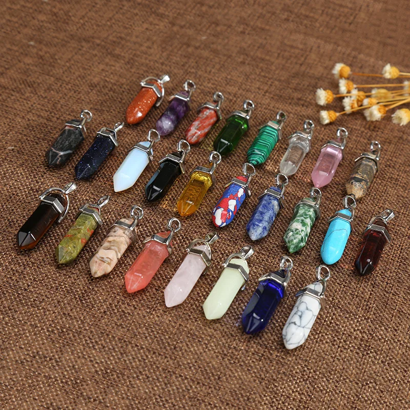 5PCS Natural Stone Crystal Agate Bullet Hexagon Pillar Necklace Pendant Quartz Poin