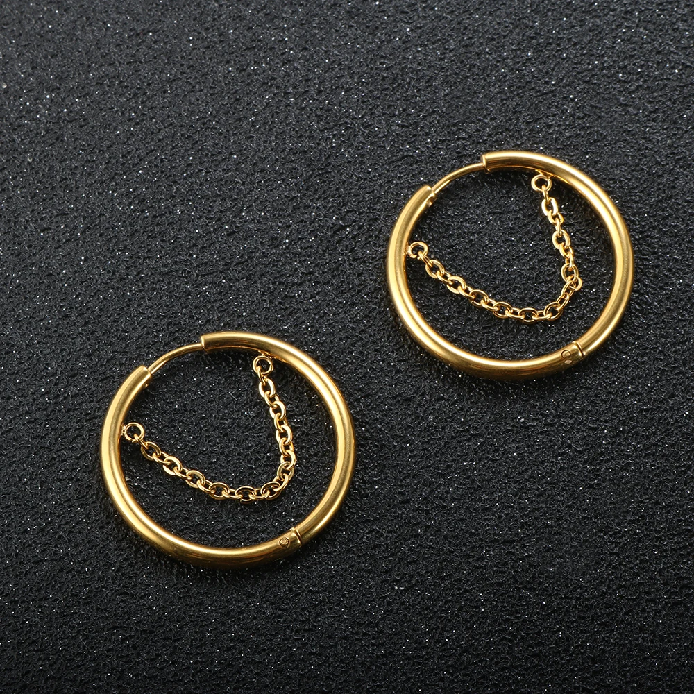 2PC /Set Stainless Steel Small Hoop Earrings for Women Golden Circle Thick Ear Ring Piercing Tassel With Chain Earrings Jewelry