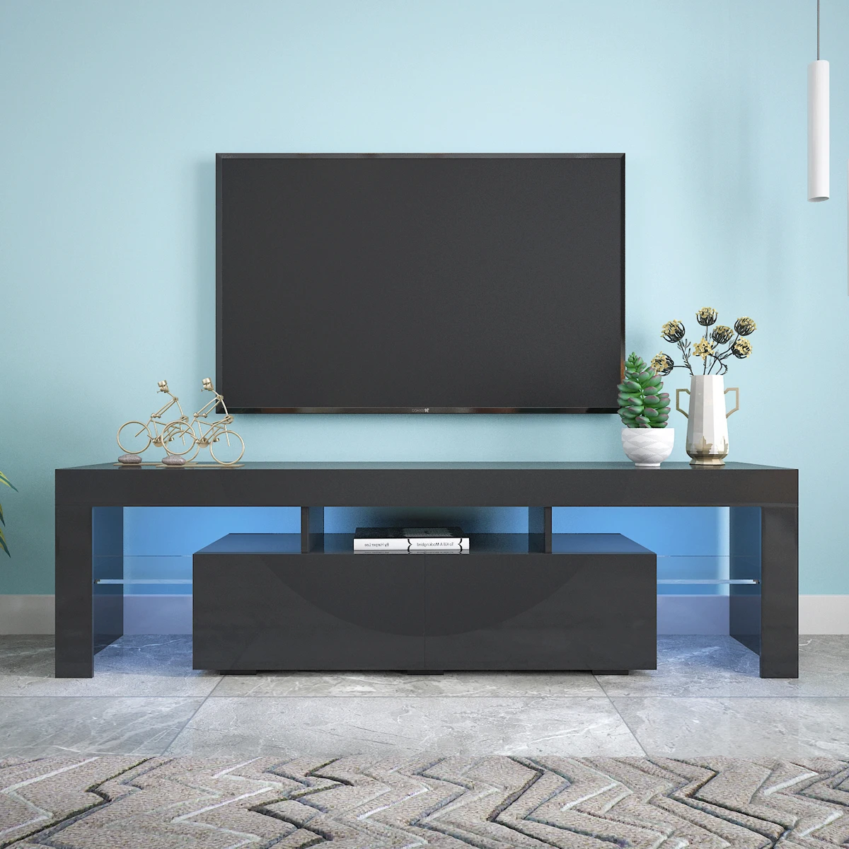 

Modern Black TV Stand, 20 Colors LED TV Stand w/Remote Control Lights For Home Living Room