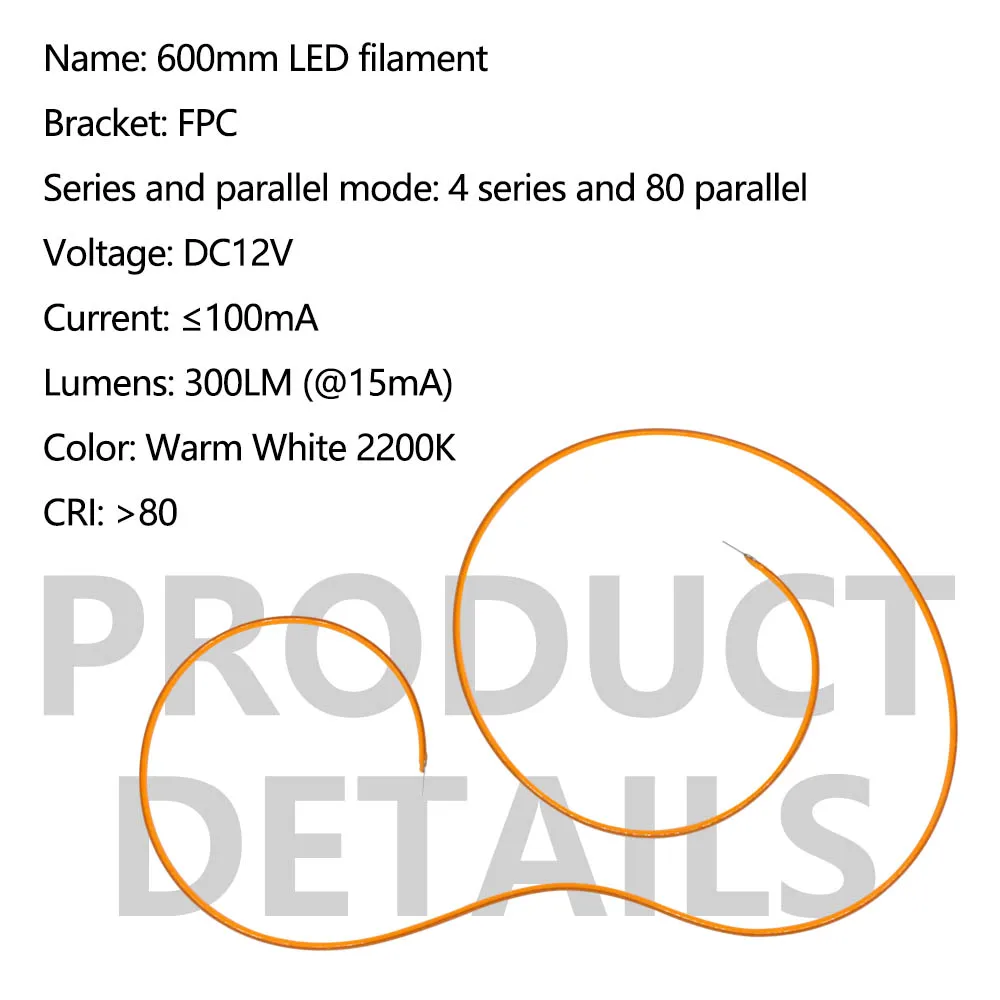 Imagem -02 - Lâmpada do Filamento do Diodo Emissor de Luz de Dc12v 600 mm 2200k Acessórios da Luz Incandescente da Microplaqueta Diodos Filamento Flexível para o Bulbo de Edison 10 Peças da