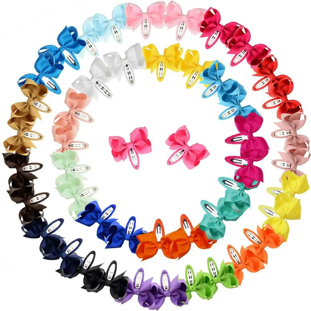 50 pcs Snap Hair Clips with Bows Boutique Grosgrain Ribbon 3 Inch Hair Bows No Slip Hair Barrettes for Infant Toddlers Baby Girl