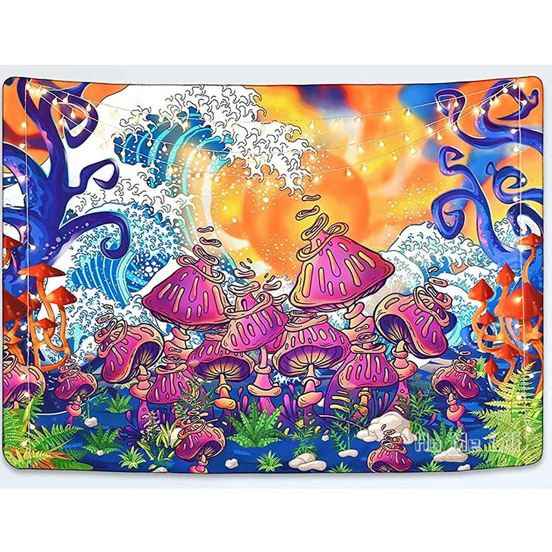 Mushroom Psychedelic Wave Tapestry Trippy Plant Great Sun Art Hanging for Room Décor