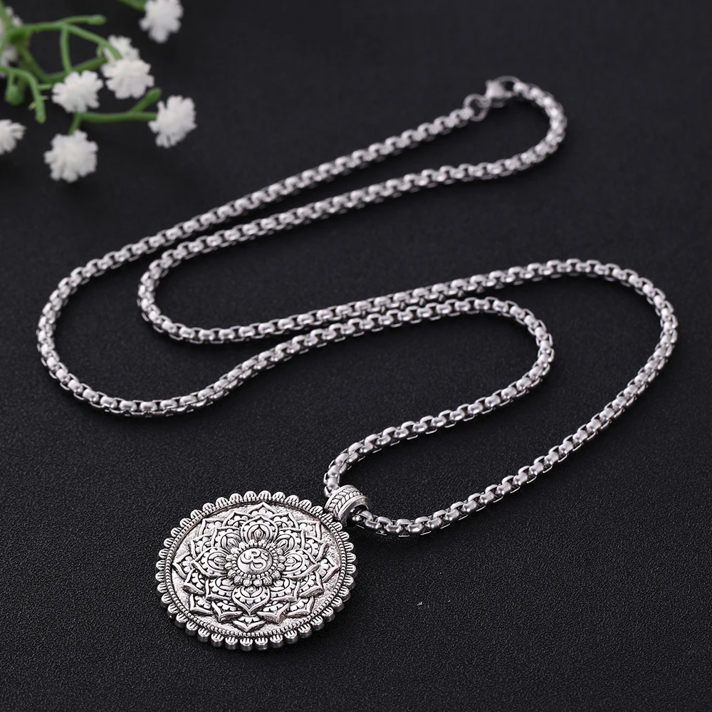 Skyrim Flower of Life Indian Om Yoga Chakra Pendant Necklace Men Vintage Mandala Amulet Stainless Steel Chain Necklaces Jewelry