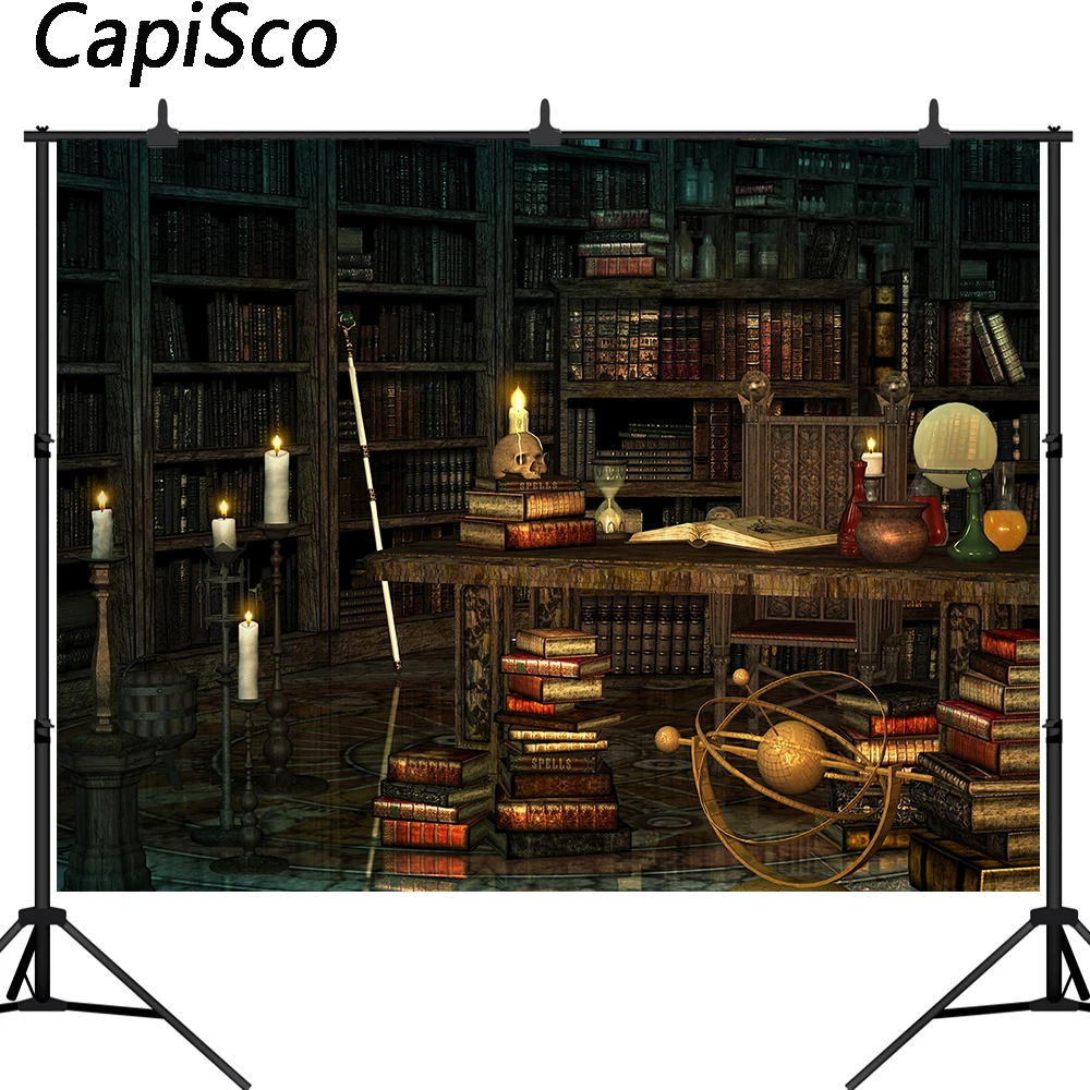 Capisco Wizard Magic Bookshelf Photography Backdrop Halloween Dress Up Party Decor Ancient Library Background Photo Booth prop